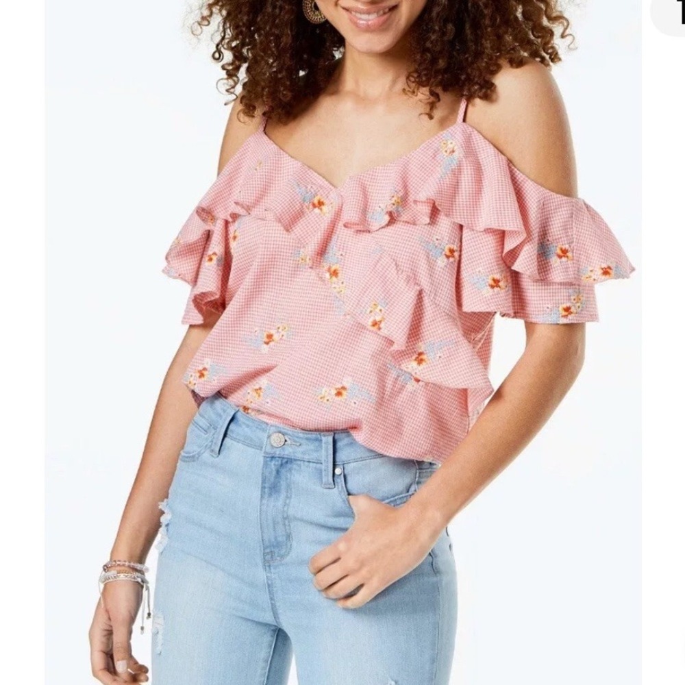 Gypsies‎ & moondust Cold Shoulder Ruffle Gingham Floral Print Top Small